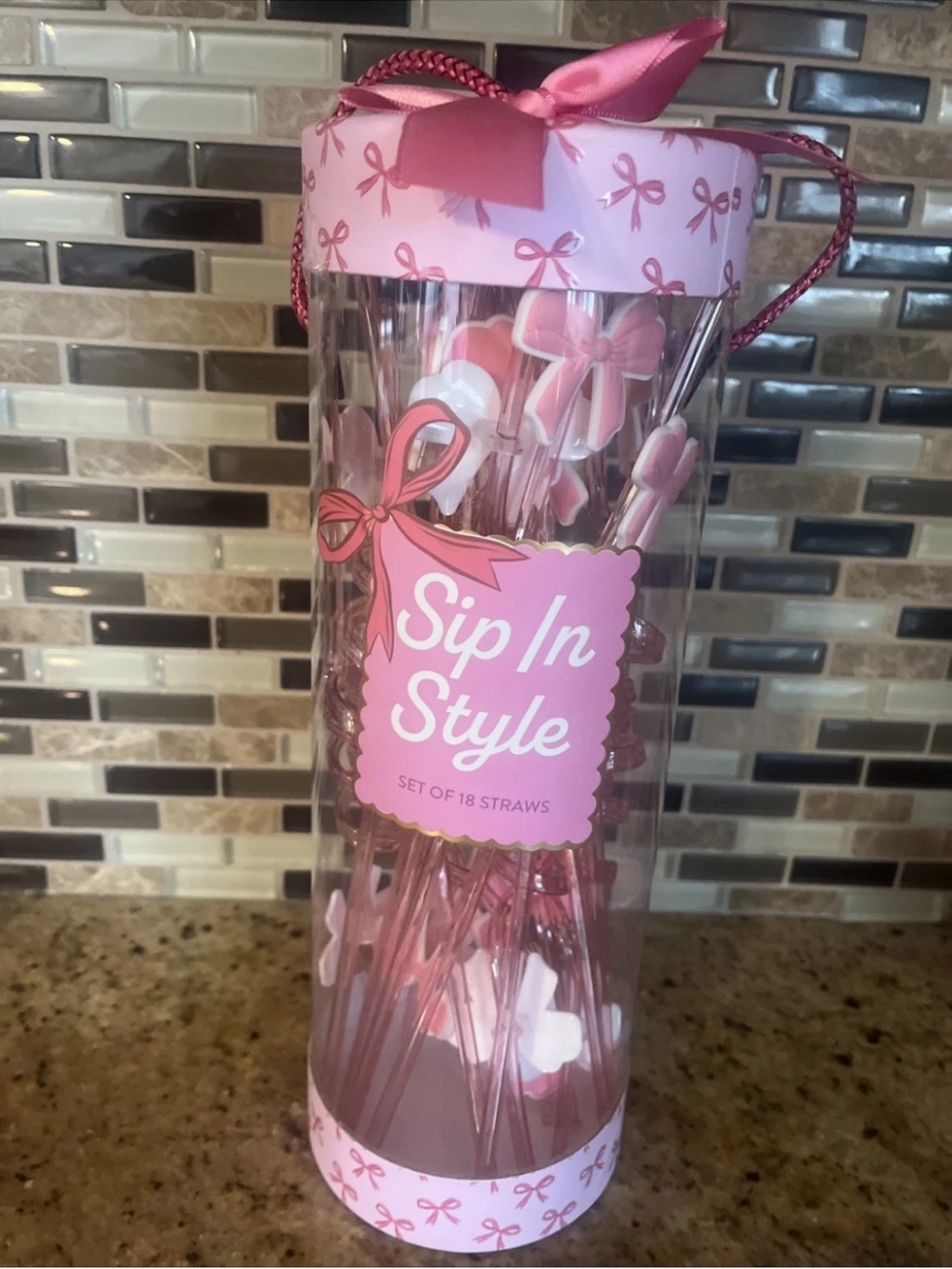 Sip In Style Pink Bow Party Straws - Set of 18